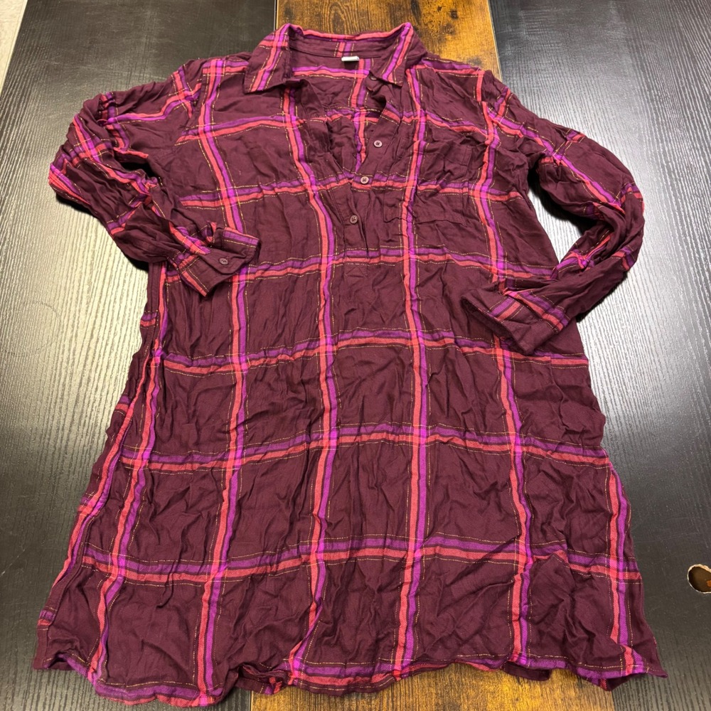 Old‎ Navy Womens Plaid Tunic Shirt Burgundy Purple Gold Metallic Rayon Medium